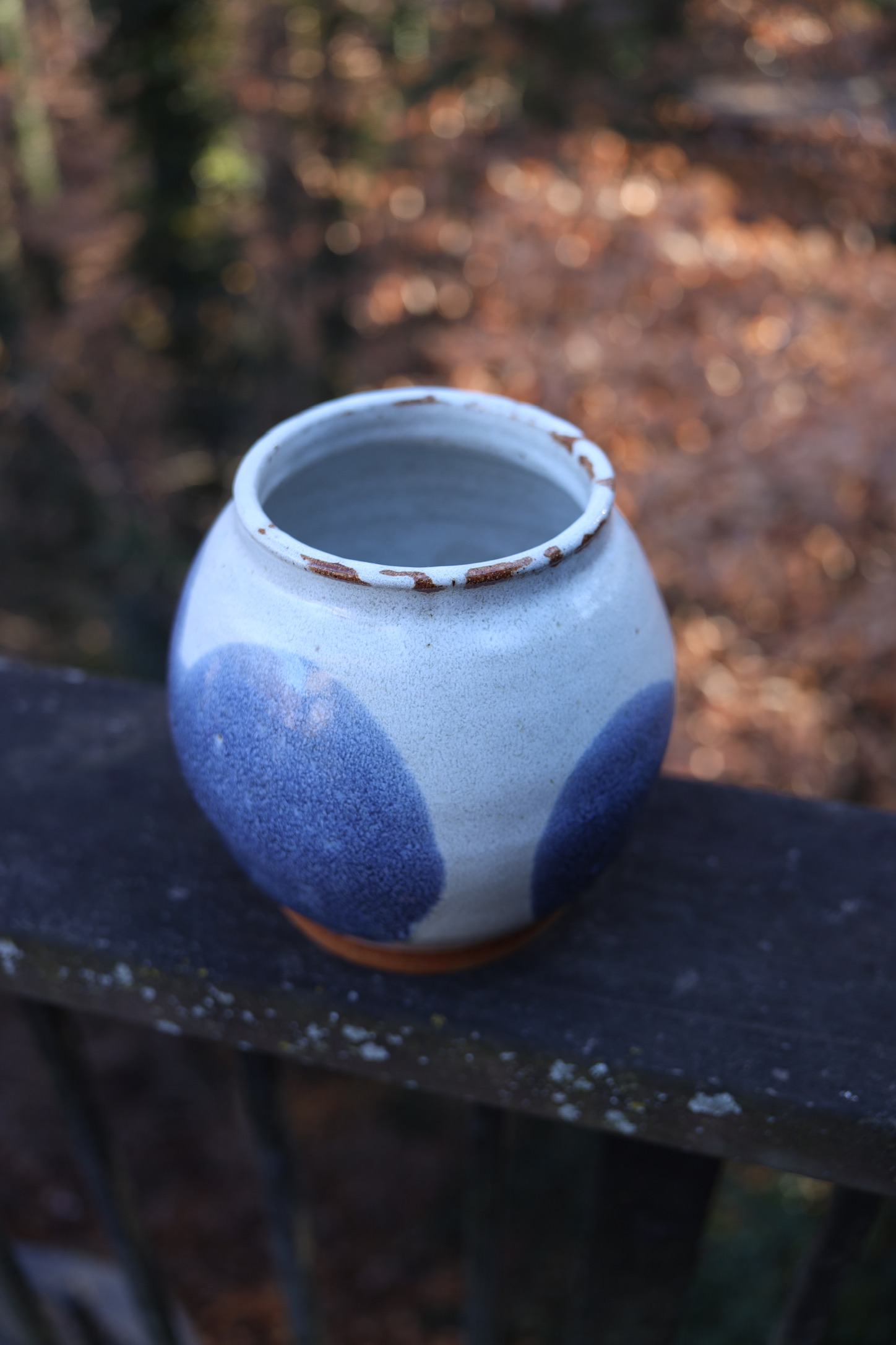 White Jar with Blue Dot — brown stoneware inspired by Chinese porcelain
